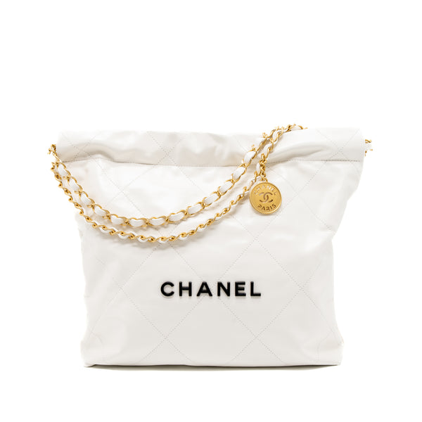 Chanel Small 22 Bag Black Letter Shiny Calfskin White Brushed GHW (Microchip)