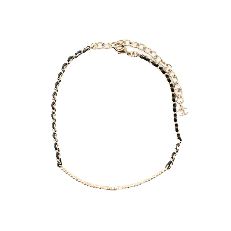 Chanel CC Logo Chocker Leather Chain Crystal Light Gold Tone