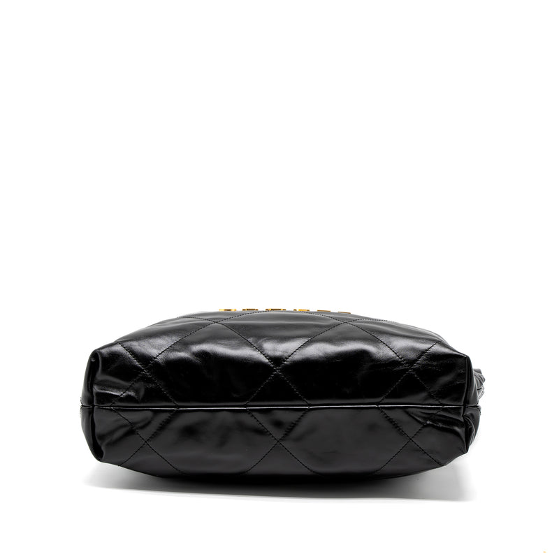 Chanel Small 22 Bag Gold Letter Shiny Calfskin Black Brushed GHW (Microchip)