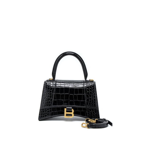 Balenciaga Hourglass Small Handbag Croc Embossed Calfskin Black GHW