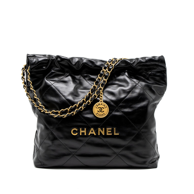 Chanel Small 22 Bag Gold Letter Shiny Calfskin Black Brushed GHW (Microchip)