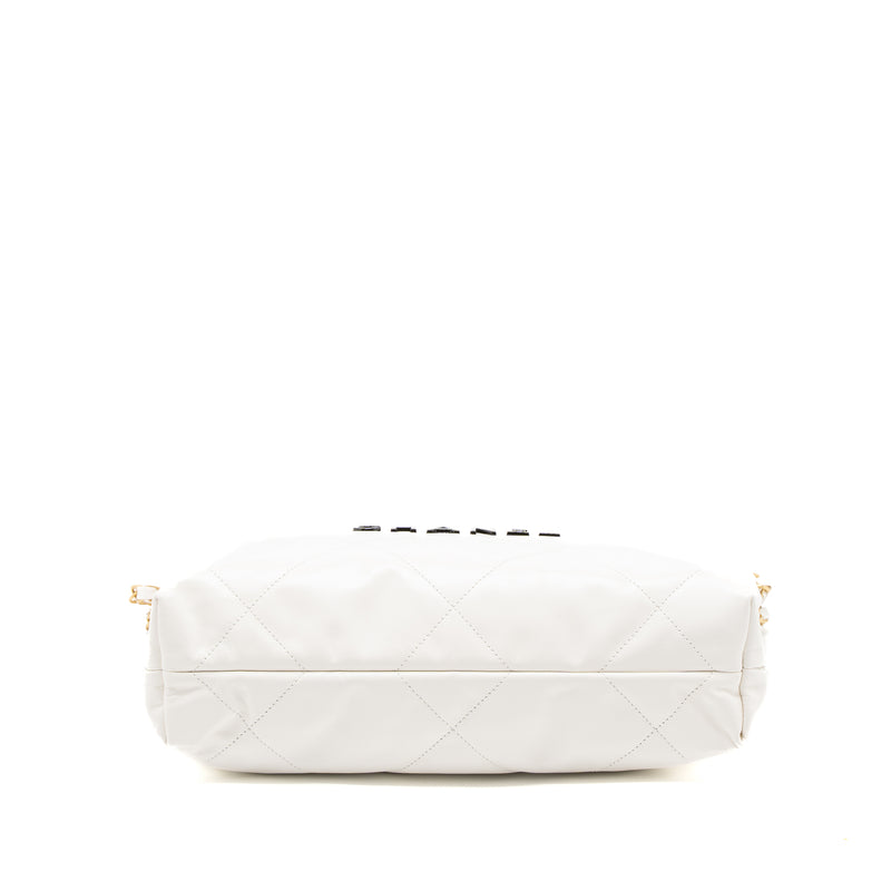 Chanel Small 22 Bag Black Letter Shiny Calfskin White Brushed GHW (Microchip)