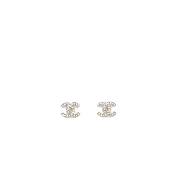 Chanel CC Logo Earrings Crystal Silver Tone