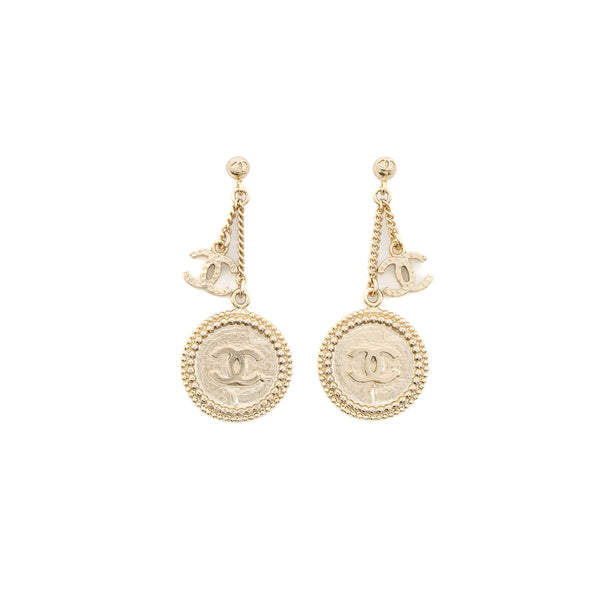 Chanel Round CC Logo Drop Earrings Gold Tone
