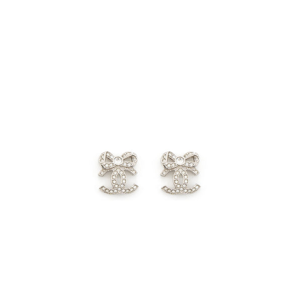 Chanel CC Logo Bow Earrings Crystal Silver Tone