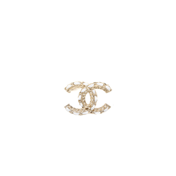 Chanel CC Logo Brooch Leather Chain White Light Gold Tone