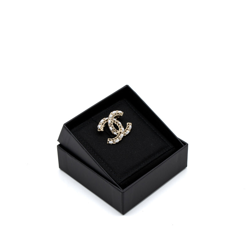 Chanel CC Logo Brooch Leather Chain White Light Gold Tone