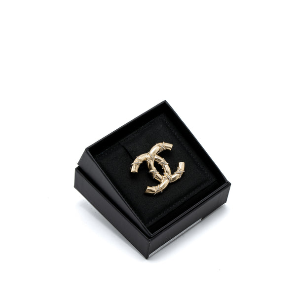 Chanel CC Logo Brooch Crystal Brushed Light Gold Tone