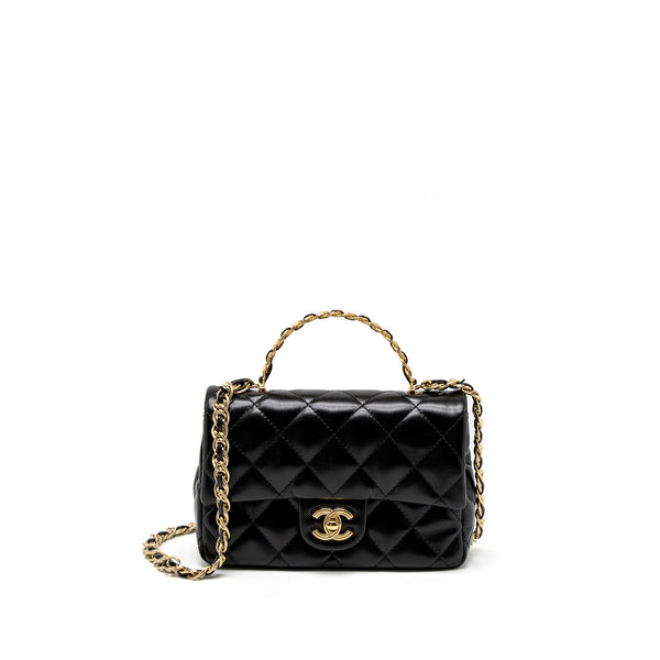 Chanel 23S Detail Top Handle Mini Rectangular Flap Bag Shiny Lambskin Black GHW (Microchip)