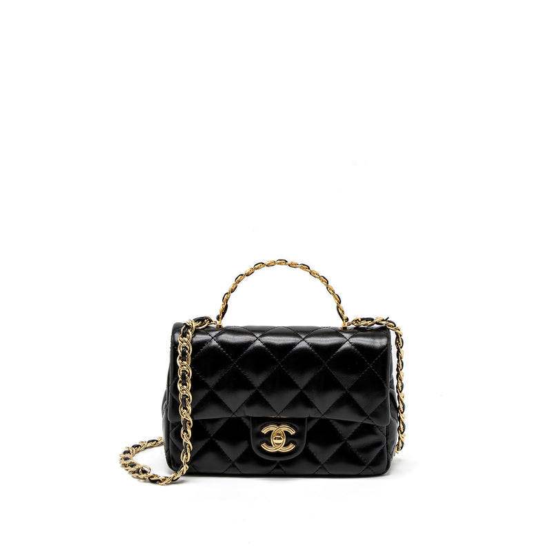 Chanel Mini Rectangular Flap with Top Handle Black Lambskin Gold Hardware