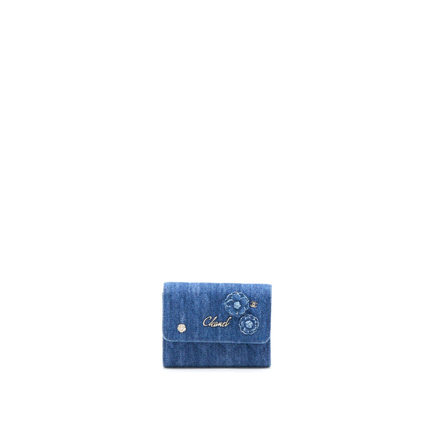 Chanel Flap Card Holder Camellia Denim Blue SHW