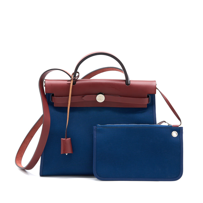 Hermes Herbag Zip 31 Leather/Canvas Blue/Red SHW Stamp Square R