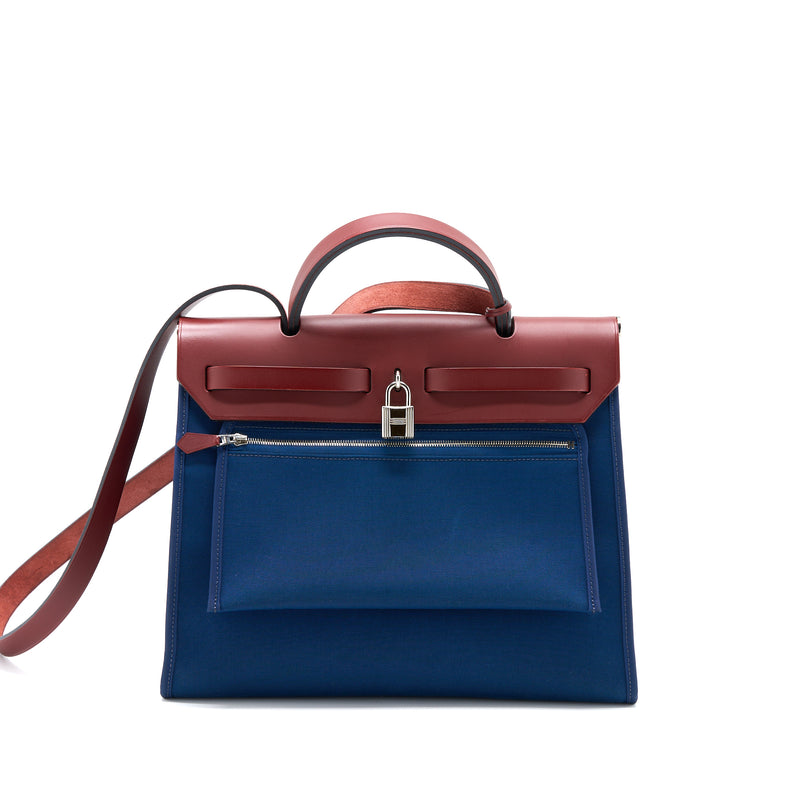 Hermes Herbag Zip 31 Leather/Canvas Blue/Red SHW Stamp Square R