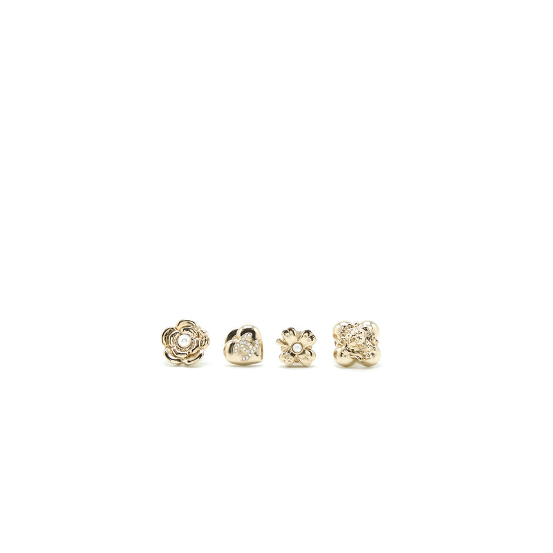 Chanel 4 Pins Brooch Crystal/Pearl Light Gold Tone