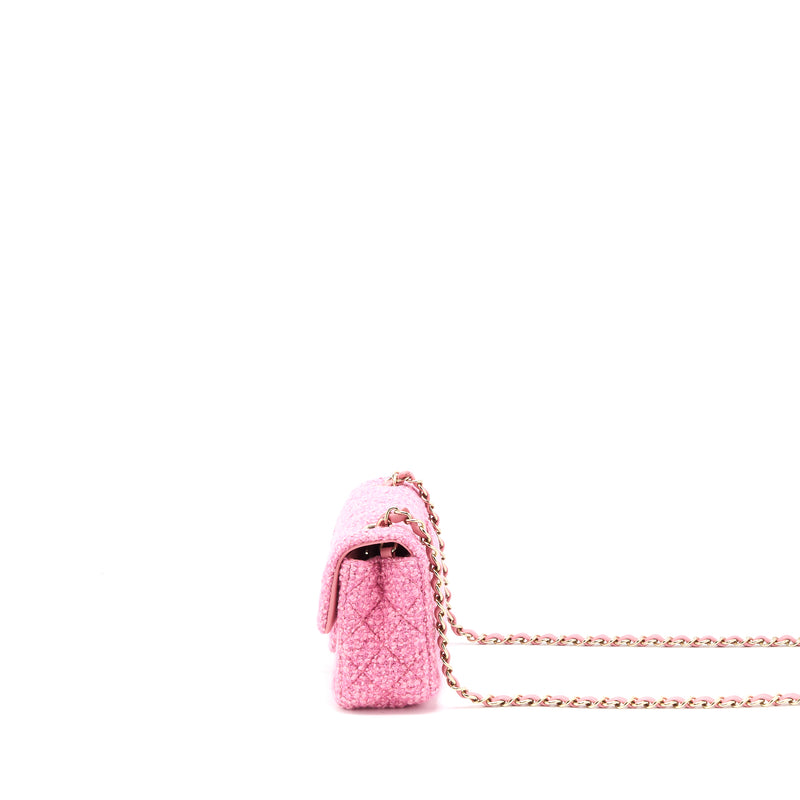Chanel Mini Rectangular Flap Bag Tweed Pink LGHW (Microchip)