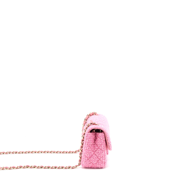 Chanel Mini Rectangular Flap Bag Tweed Pink LGHW (Microchip)