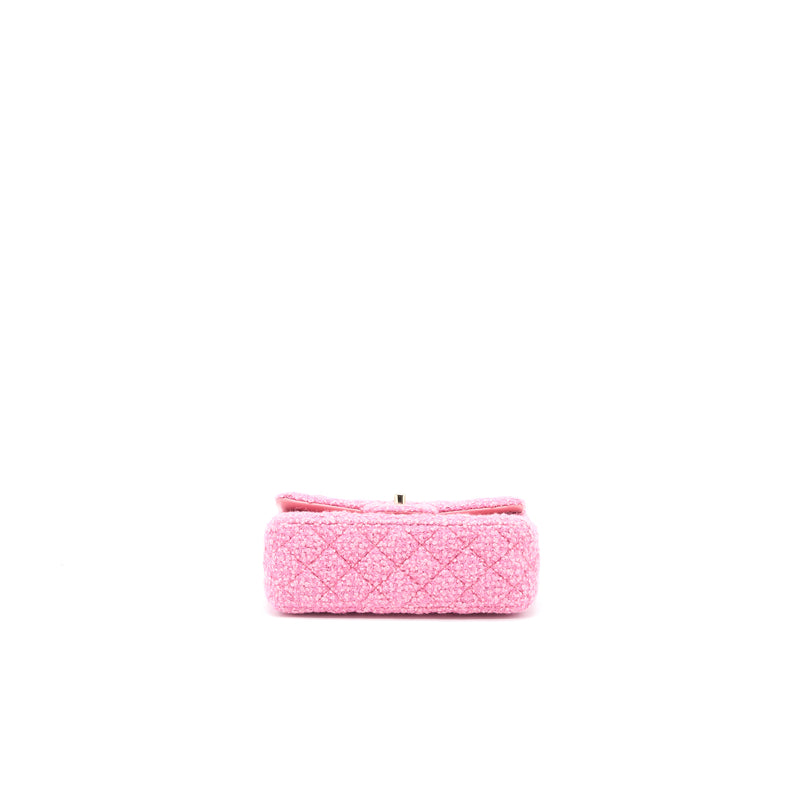 Chanel Mini Rectangular Flap Bag Tweed Pink LGHW (Microchip)