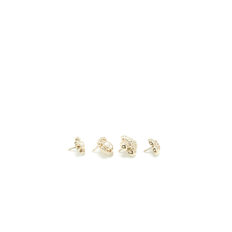 Chanel 4 Pins Brooch Crystal/Pearl Light Gold Tone