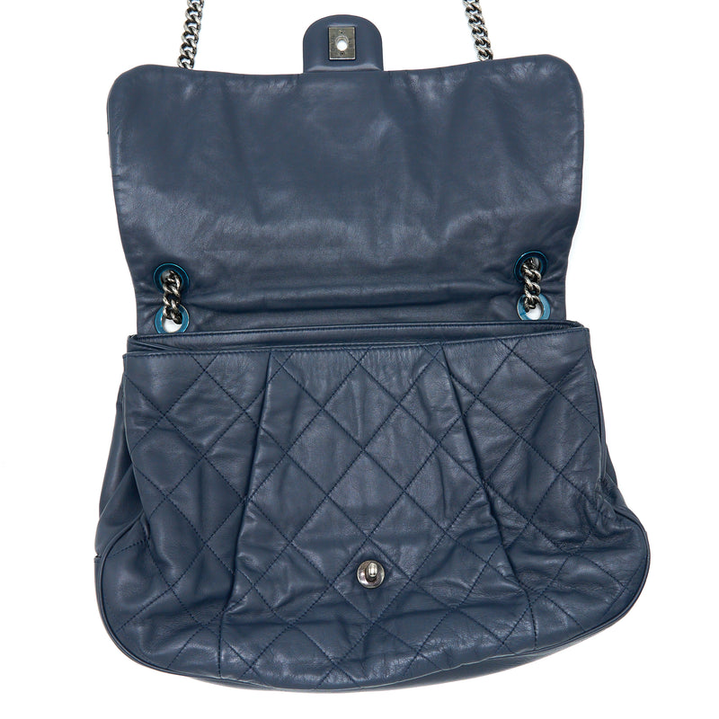 Chanel Flap Hobo Bag Calfskin Navy With Ruthenium Sliver Hardware