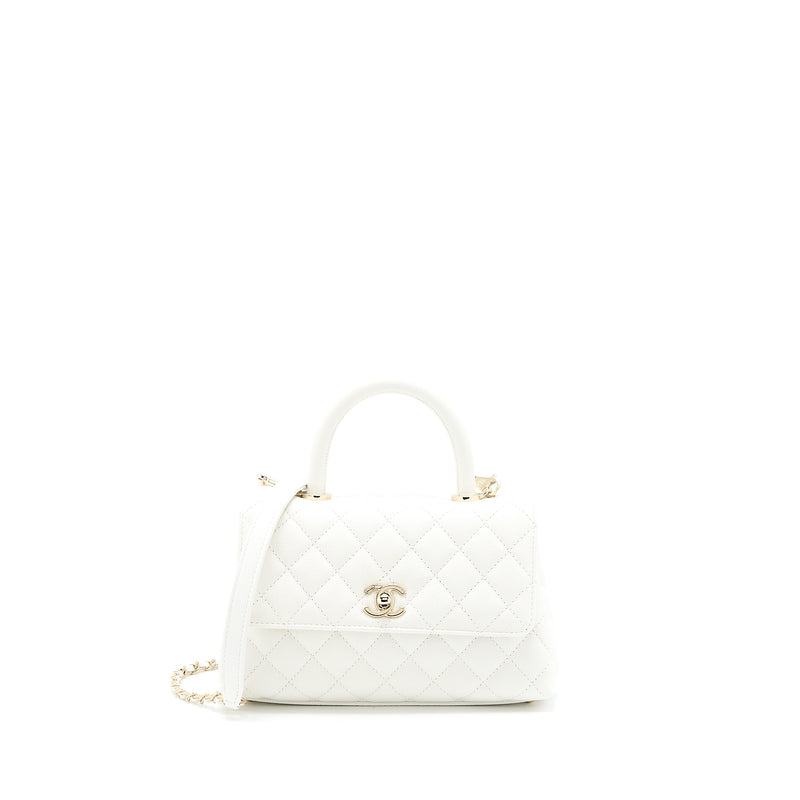 Chanel Small Coco Handle Caviar White LGHW (Microchip)