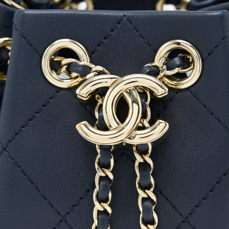 Chanel Mini Drawstring Bucket Bag Lambskin Navy GHW