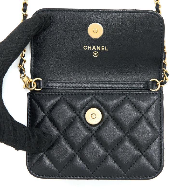 Chanel Pearl Crush Mini Flap Belt Bag with Chain Lambskin Black Brushe