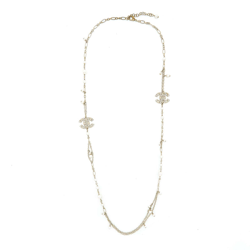 Chanel Mini Pearl CC Logo Long Necklace Light Gold Tone