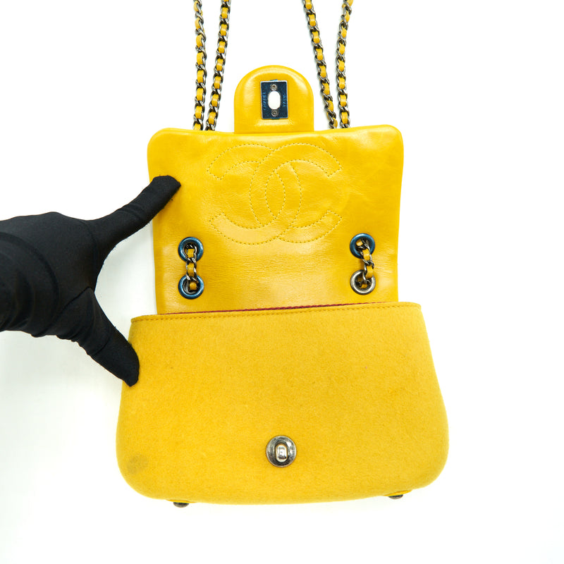 Chanel Seasonal Limited Flap Bag Leather And Fabric Yellow With Ruthenium Hardware