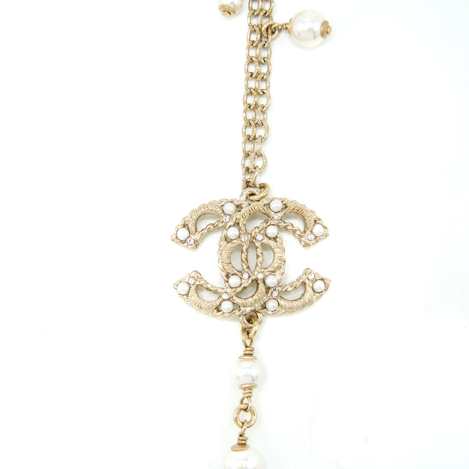 Chanel Mini Pearl CC Logo Long Necklace Light Gold Tone