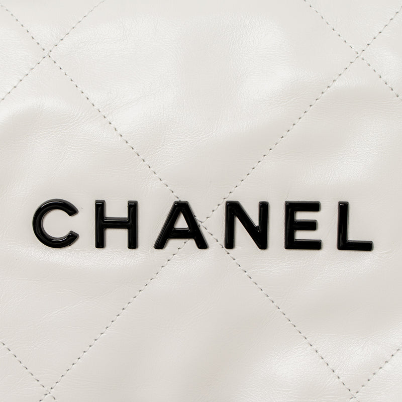 Chanel Small 22 Bag Black Letter Shiny Calfskin White Brushed GHW (Microchip)