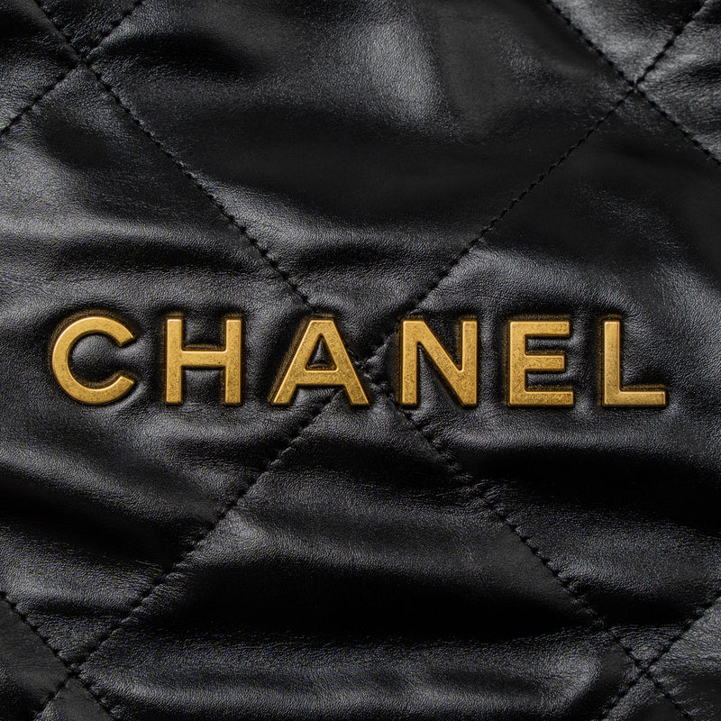 Chanel Small 22 Bag Gold Letter Shiny Calfskin Black Brushed GHW (Microchip)