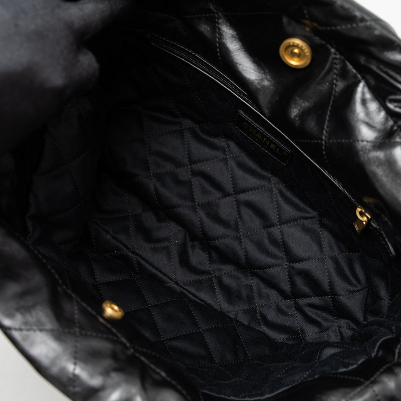 Chanel Small 22 Bag Gold Letter Shiny Calfskin Black Brushed GHW (Microchip)