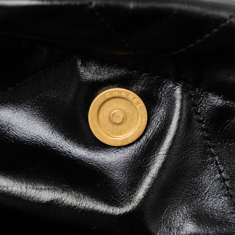 Chanel Small 22 Bag Gold Letter Shiny Calfskin Black Brushed GHW (Microchip)