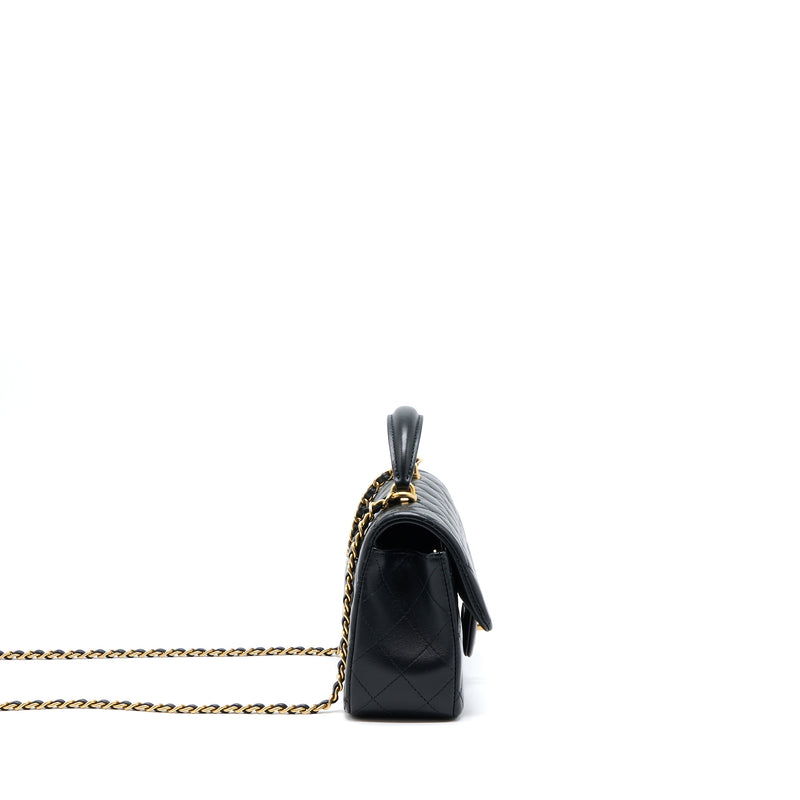 Chanel 21K Top Handle Mini Rectangular Flap Bag Lambskin Black Brushed GHW(Microchip)