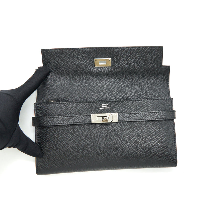 Hermes Kelly Long Wallet Epsom Black SHW Stamp Square O