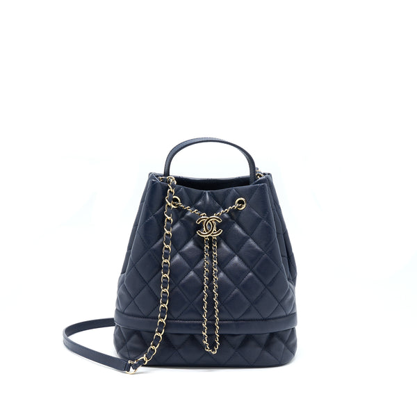 Chanel Top Handle Bucket Bag Caviar Navy Blue LGHW