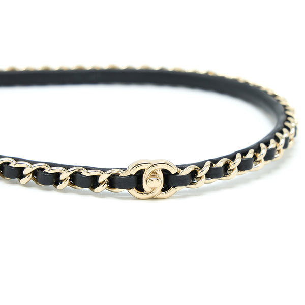 Chanel Leather Chain Hair Band Black Light Gold Tone