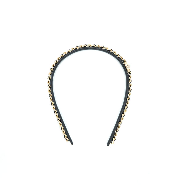 Chanel Leather Chain Hair Band Black Light Gold Tone