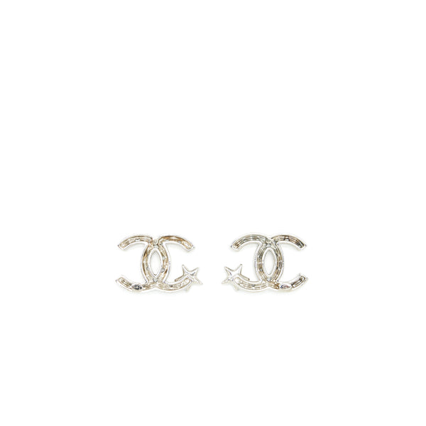 Chanel CC And Star Earrings Silver Tone