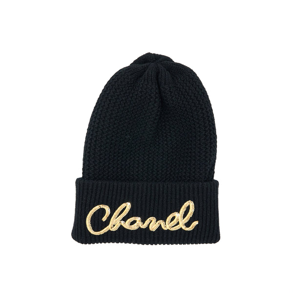 Chanel Cashmere Beanie Black With Gold Letters