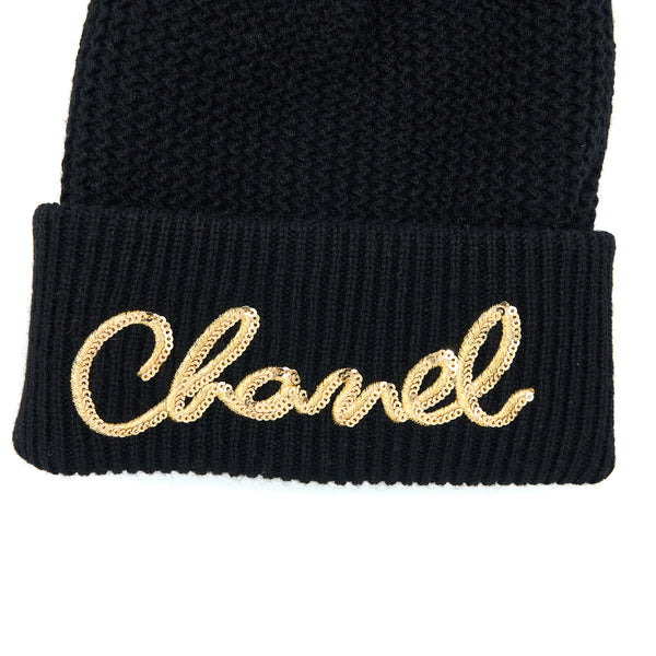Chanel Cashmere Beanie Black With Gold Letters