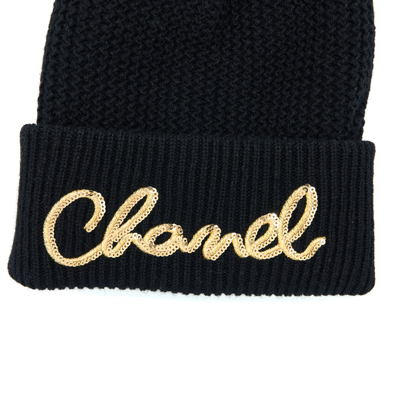Chanel Cashmere Beanie Black With Gold Letters