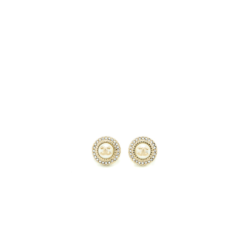 Chanel Round CC Pearl with Crystal Earrings Light Gold Tone