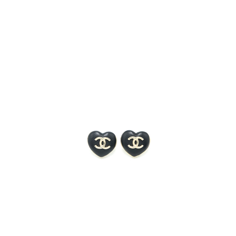 Chanel 22K CC Logo Heart Earrings Lambskin Light Gold Tone