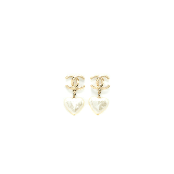 Chanel CC Heart Drop Earrings Pearl Light Gold Tone