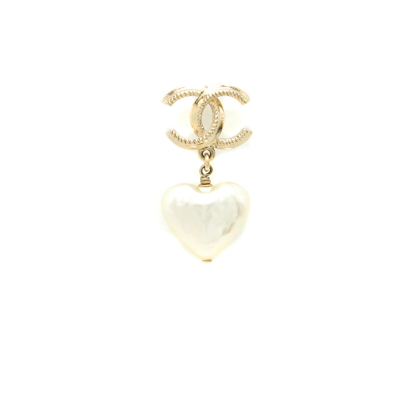 Chanel CC Heart Drop Earrings Pearl Light Gold Tone