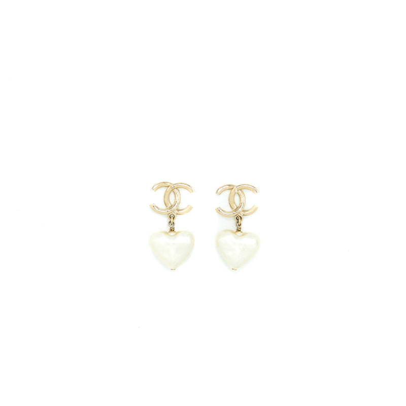 Chanel CC Heart Drop Earrings Pearl Light Gold Tone