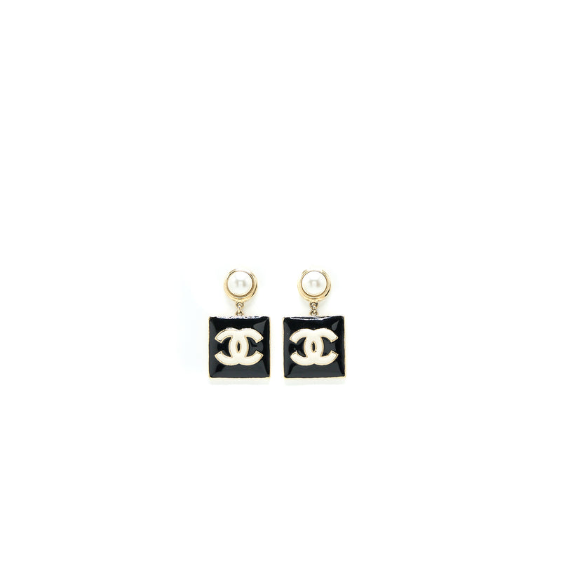 Chanel Pearl CC Square Drop Earrings Black Light Gold Tone