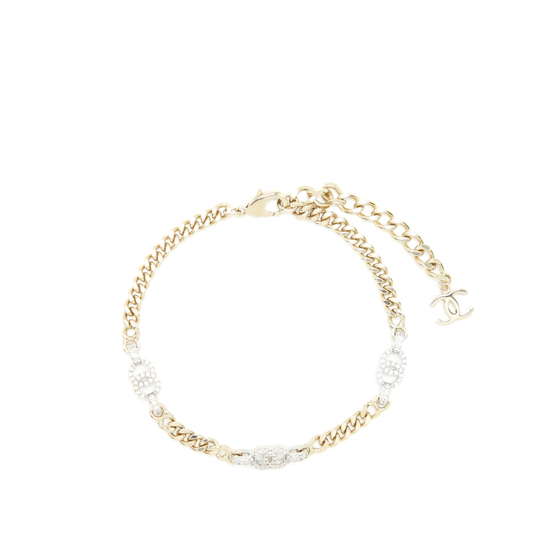 Chanel 22S CC Logo Choker/ Double Chain bracelet Light Gold Tone