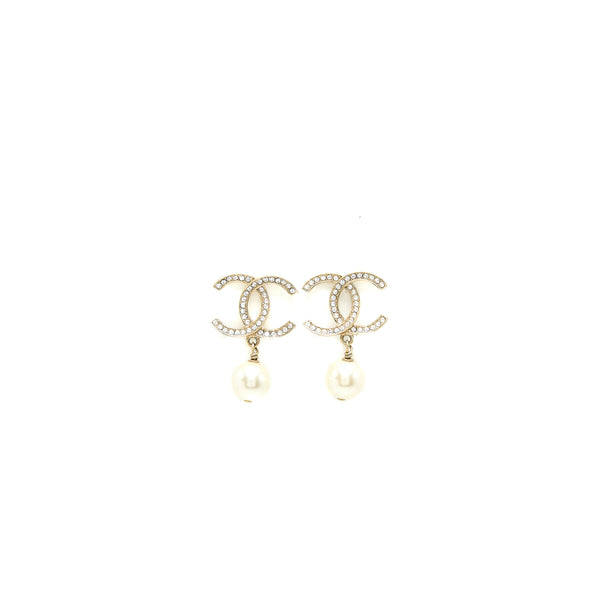 Chanel CC Logo and Pearl Drop Earrings Light Gold Tone